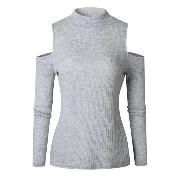 Cold Shoulder Stretchy Ribbed Knit Sweater Top - Picture 2 of 6